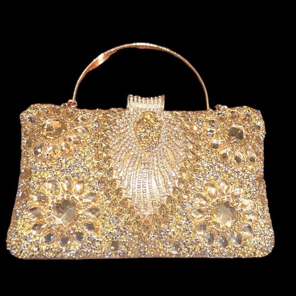 Solid Gold Beaded rhinestone 8” Hard Case Box Purse Evening Prom Formal Ball